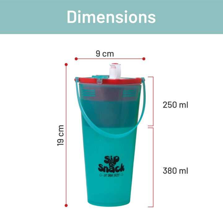Lumiset's green sip & snack bottle dimension