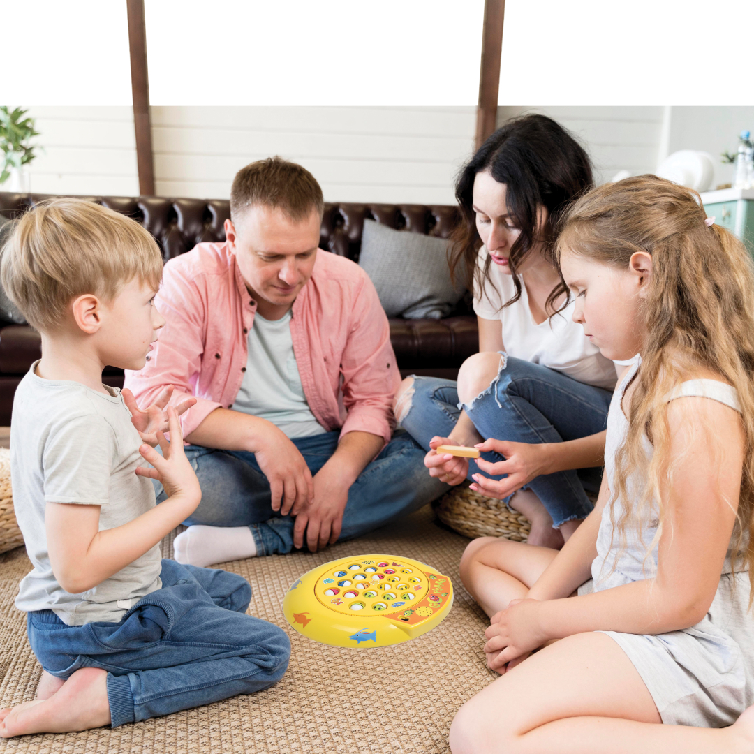 Family playing fishing toy together
