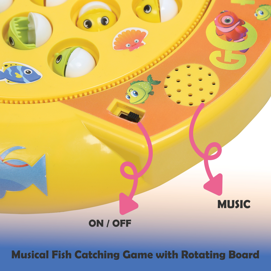 Musical fish catching game with rotation, switch, and music