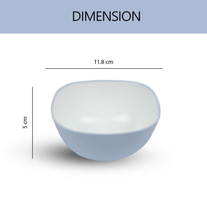 A sky blue square soup bowl, sizes 5 cm x 11.8 cm, shown with dimensions.