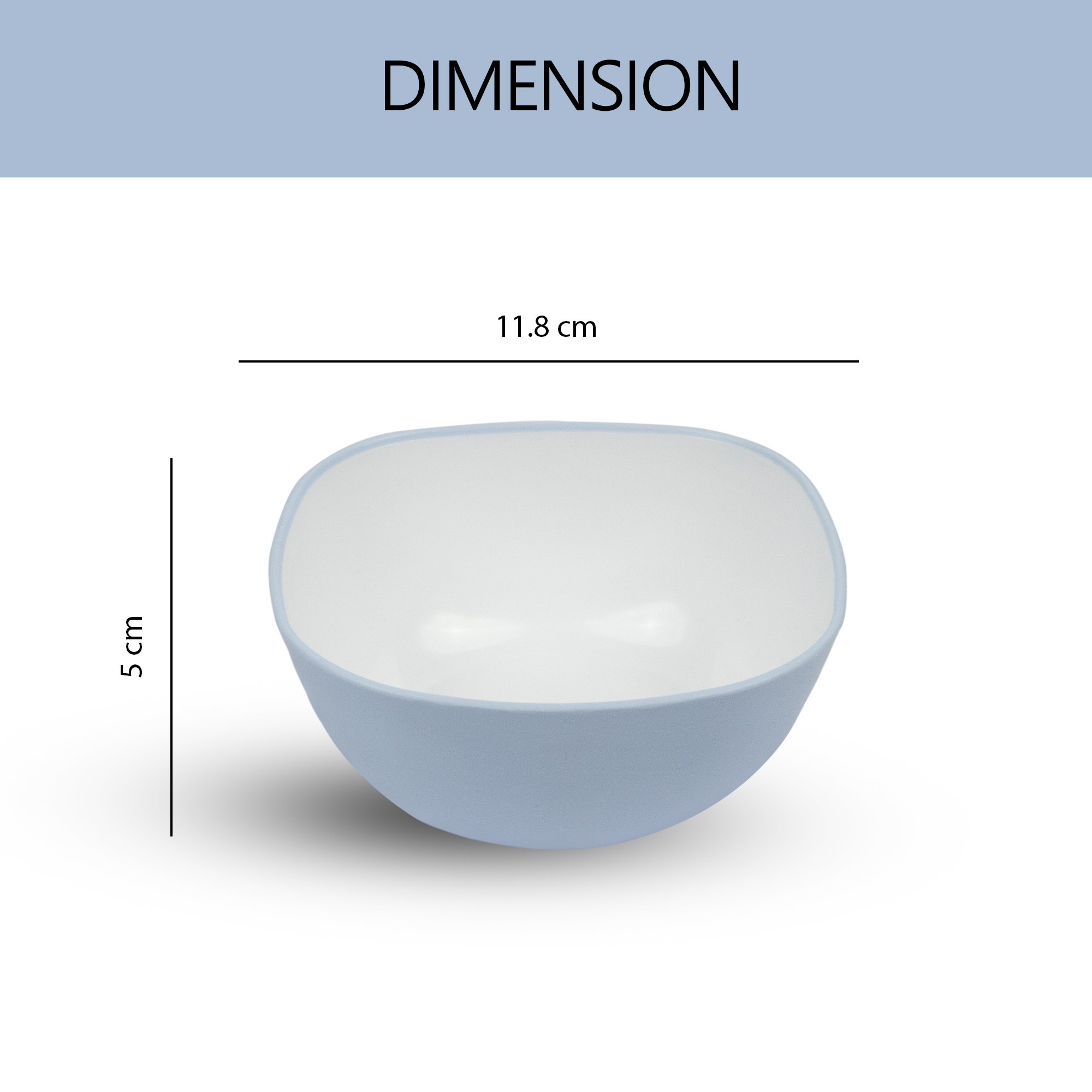 Square Bowls with Spoons Set of 4 Unbreakable | BPA-Free | Microwave Safe | Perfect for Daily Use 21 A sky blue square soup bowl, sizes 5 cm x 11.8 cm, shown with dimensions.