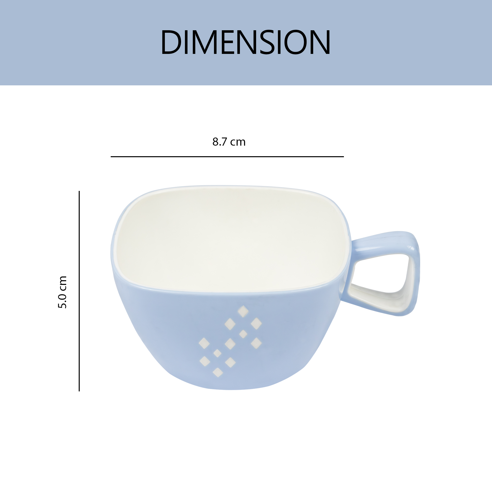 Coffee Cups Set of 4, 150ml Unbreakable | BPA-Free | Microwave Safe | Durable & Perfect for Daily Use 21 A sky blue square coffee cup, sizes 5 cm x 8.7 cm, shown with dimensions.