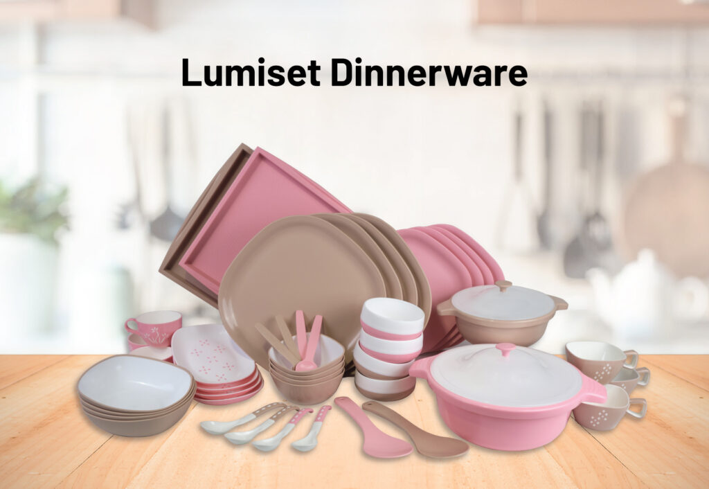 Home 17 Lumiset Dinnerware, dinner set spread and organized on a table