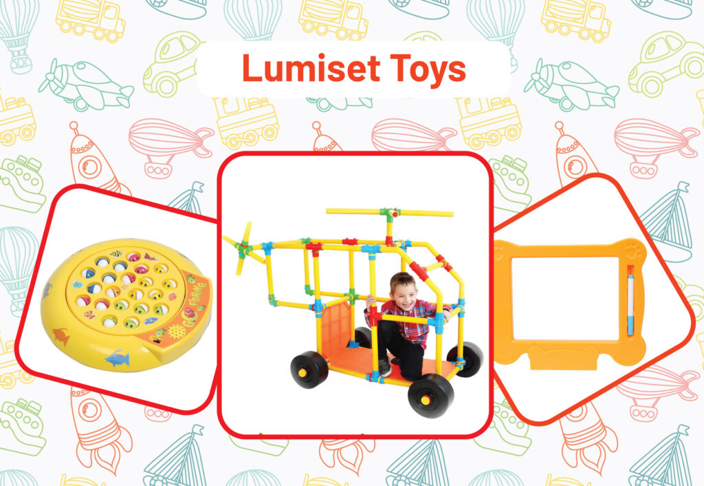 Lumiset Toys with tubelox, fishing toy, and glow pad